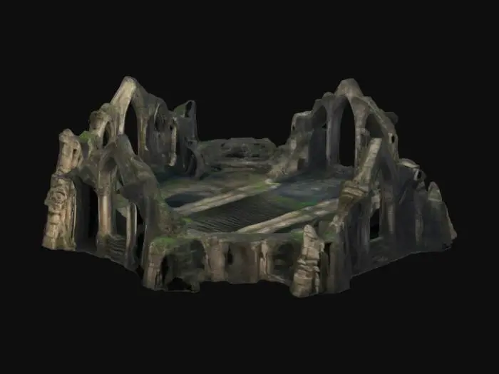 3D model for A vast, mystical landscape with towering ruins of an ancient civilization. Crumbling gothic arches and broken columns rise from the overgrown terrain. Worn stone staircases wind through the ruins, leading to abandoned platforms and sanctuaries. Cracked pavements, faded statues, and intricate carvings hint at lost legends. A ghostly mist shrouds distant colossal structures, evoking an eerie, forgotten realm. Elden Ring style.