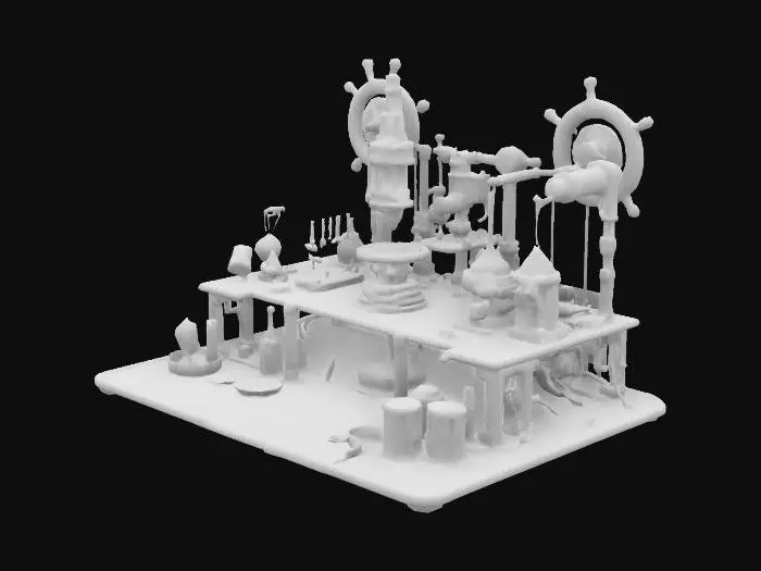 3D model for #Crystal Clay# Steampunk Deep Sea Scientific Physics Laboratory with a central workbench with a microscope in the center