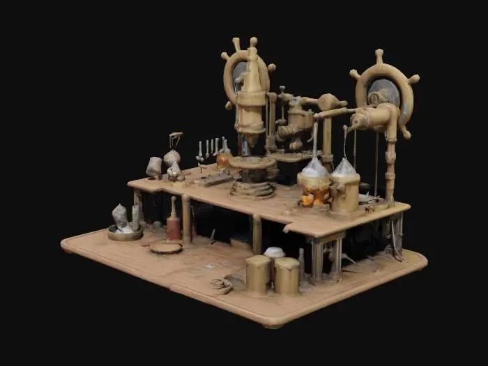 3D model for #Crystal Clay# Steampunk Deep Sea Scientific Physics Laboratory with a central workbench with a microscope in the center