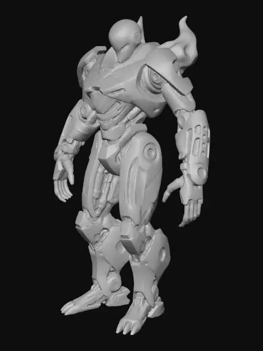 3D model for a si-fi robot with a flame thrower on its right shoulder and over sided fists