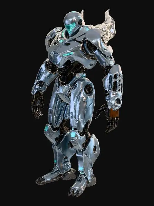 3D model for a si-fi robot with a flame thrower on its right shoulder and over sided fists