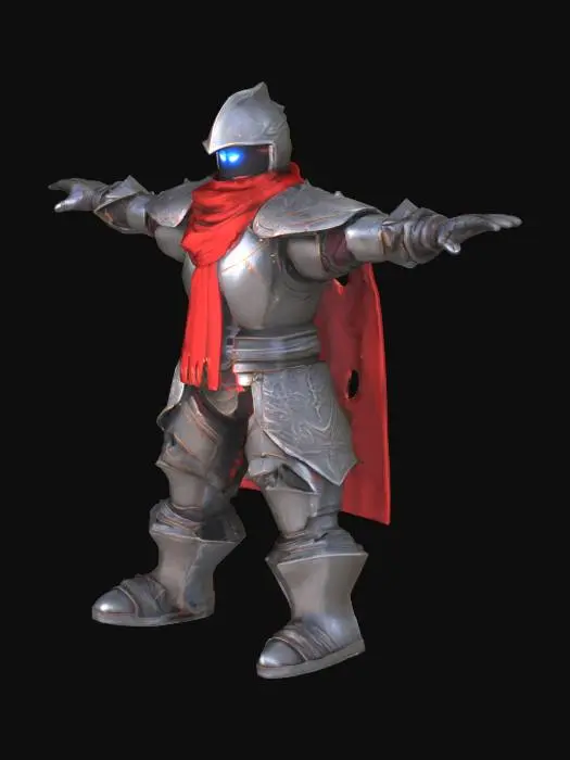 3D model for Stick figure knight with glowing eyes, red scarf, and fantasy armor in T-pose, for a stylized mobile fighting game.