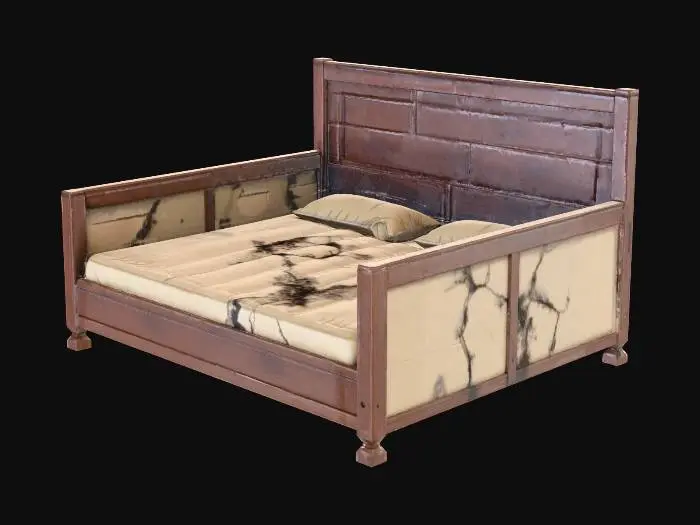 3D model for Super king-size bed, but it looks scruffy, like it has been in an empty house for years. It's all torn and ripped, old wooden bed.