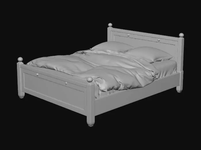 3D model for Super king-size bed, but it looks scruffy, like it has been in an empty house for years. It's all torn and ripped, old wooden bed.