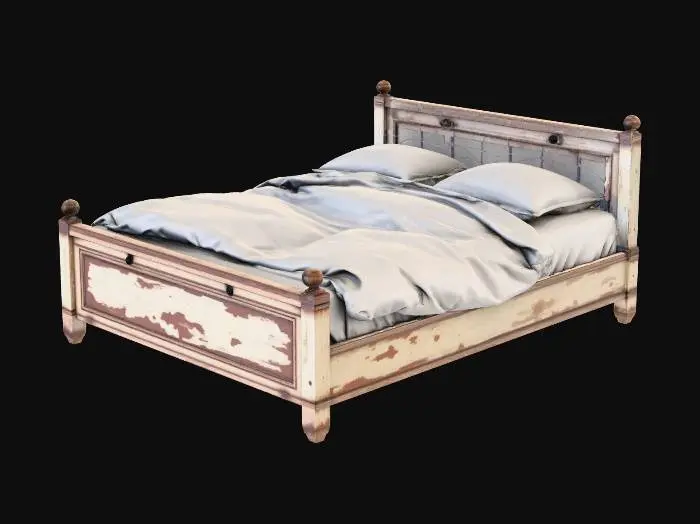 3D model for Super king-size bed, but it looks scruffy, like it has been in an empty house for years. It's all torn and ripped, old wooden bed.