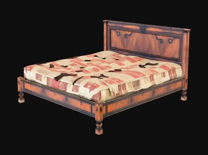 3D model for Super king-size bed, but it looks scruffy, like it has been in an empty house for years. It's all torn and ripped, old wooden bed.