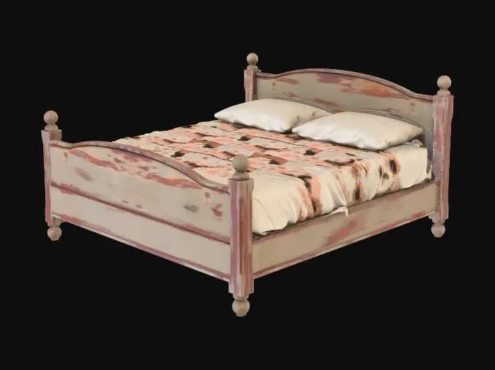 3D model for Super king-size bed, but it looks scruffy, like it has been in an empty house for years. It's all torn and ripped, old wooden bed.