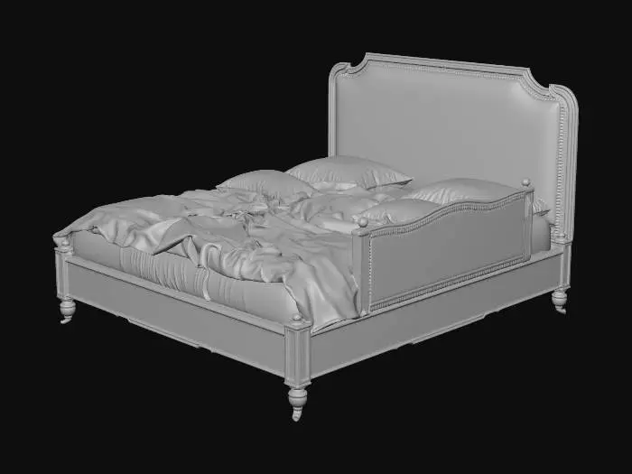 3D model for Super king-size bed, but it looks scruffy, like it has been in an empty house for years. It's all torn and ripped, old wooden bed.