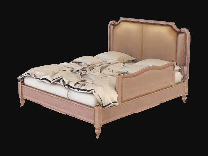3D model for Super king-size bed, but it looks scruffy, like it has been in an empty house for years. It's all torn and ripped, old wooden bed.