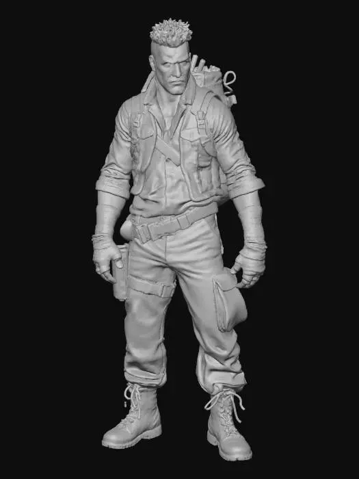 3D model for A post-apocalyptic survivor scavenger with a lean athletic build, wearing a patched leather vest over a torn long-sleeve shirt, reinforced forearm wraps, dirty cargo trousers, and duct-taped boots. His hands are empty and hanging naturally by his sides. He has a rugged face, stubble, dark circles under his eyes, and a tired but focused expression. A small satchel hangs at his hip with scavenged supplies, and a lightweight backpack with straps carrying tools, rope, and food cans. Clothing is grimy, sun-bleached, and hand-stitched in places. Colour palette includes faded tan, brown, and charcoal grey. Gritty realistic survival style inspired by DayZ/Metro. Add subtle details: torn cloth, dust, improvised cloth armour, and small makeshift charms or trinkets collected from ruined cities.”