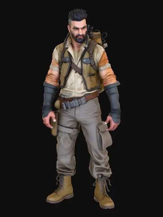 3D model for A post-apocalyptic survivor scavenger with a lean athletic build, wearing a patched leather vest over a torn long-sleeve shirt, reinforced forearm wraps, dirty cargo trousers, and duct-taped boots. His hands are empty and hanging naturally by his sides. He has a rugged face, stubble, dark circles under his eyes, and a tired but focused expression. A small satchel hangs at his hip with scavenged supplies, and a lightweight backpack with straps carrying tools, rope, and food cans. Clothing is grimy, sun-bleached, and hand-stitched in places. Colour palette includes faded tan, brown, and charcoal grey. Gritty realistic survival style inspired by DayZ/Metro. Add subtle details: torn cloth, dust, improvised cloth armour, and small makeshift charms or trinkets collected from ruined cities.”