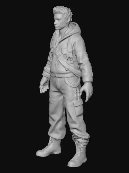 3D model for A post-apocalyptic survivor scavenger standing in a clean A-pose with arms slightly lowered and hands relaxed at his sides. No weapons or objects in his hands. Lean, athletic build with a rugged, weathered face, light scars, and tired eyes. Clothing includes a worn hoodie under a patched denim jacket, dirty cargo pants, fingerless gloves, and muddy boots. A small backpack with scavenged supplies such as rope, tape, and water bottles hangs from his shoulders. Clothing shows dirt, frayed edges, and realistic wear. Colour palette of greys, browns, and faded greens. Highly detailed AAA realistic style similar to The Last of Us. Prioritize clean geometry, simple layers around joints, and no extreme accessories.”