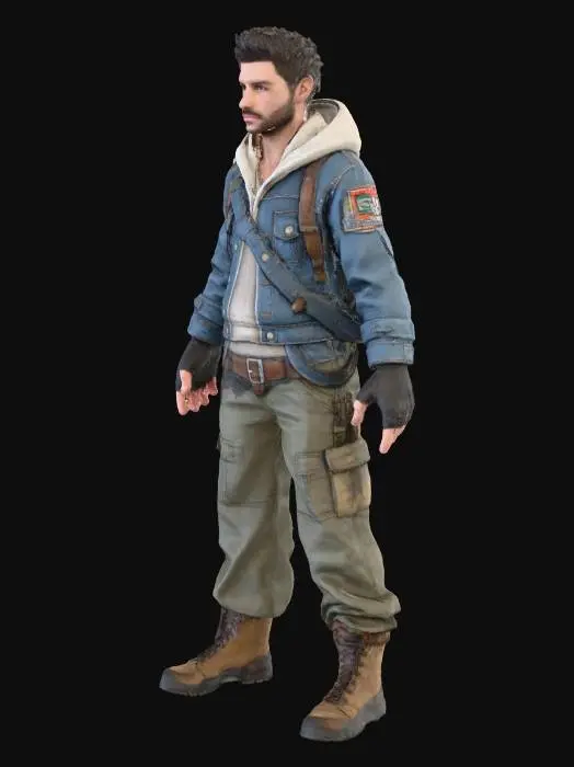 3D model for A post-apocalyptic survivor scavenger standing in a clean A-pose with arms slightly lowered and hands relaxed at his sides. No weapons or objects in his hands. Lean, athletic build with a rugged, weathered face, light scars, and tired eyes. Clothing includes a worn hoodie under a patched denim jacket, dirty cargo pants, fingerless gloves, and muddy boots. A small backpack with scavenged supplies such as rope, tape, and water bottles hangs from his shoulders. Clothing shows dirt, frayed edges, and realistic wear. Colour palette of greys, browns, and faded greens. Highly detailed AAA realistic style similar to The Last of Us. Prioritize clean geometry, simple layers around joints, and no extreme accessories.”