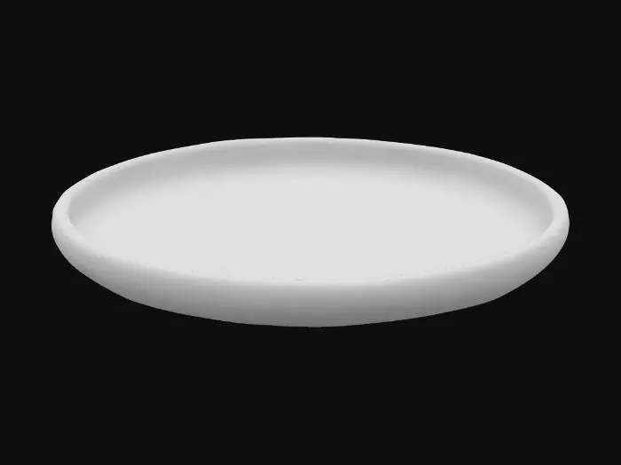 3D model for Middle Bronze Age ceramic tray from Rabati (Akhaltsikhe, Georgia), Bedeni/Trialeti horizon. Shallow circular tray; flat base; very low wall with slightly everted, flattened rim. Handmade coil-built; subtly asymmetric; wall thickness ~8–12 mm. Dark grey–black burnished surface with smoky red-brown firing patches; fine sand temper specks; matte sheen; light abrasion and small rim nicks; faint coil corrugation; smoothing tool marks; rim slightly thickened. Real-world Ø 28–35 cm. Output clean watertight quad mesh (OBJ/GLB) + PBR: basecolor, normal, roughness 0.6–0.8; neutral studio lighting.