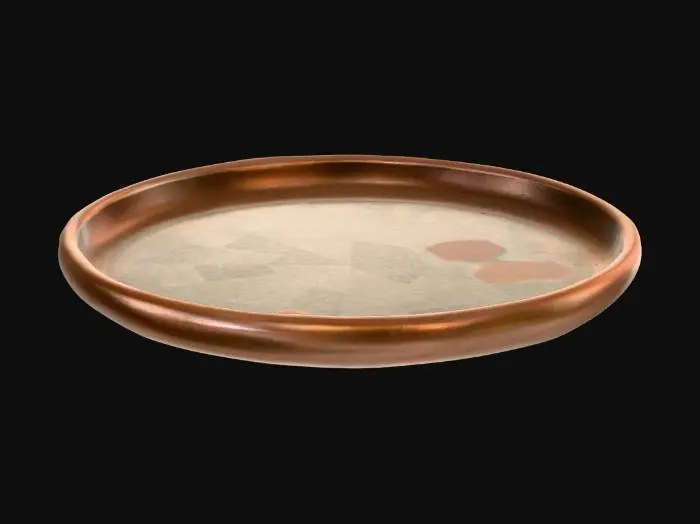 3D model for Middle Bronze Age ceramic tray from Rabati (Akhaltsikhe, Georgia), Bedeni/Trialeti horizon. Shallow circular tray; flat base; very low wall with slightly everted, flattened rim. Handmade coil-built; subtly asymmetric; wall thickness ~8–12 mm. Dark grey–black burnished surface with smoky red-brown firing patches; fine sand temper specks; matte sheen; light abrasion and small rim nicks; faint coil corrugation; smoothing tool marks; rim slightly thickened. Real-world Ø 28–35 cm. Output clean watertight quad mesh (OBJ/GLB) + PBR: basecolor, normal, roughness 0.6–0.8; neutral studio lighting.