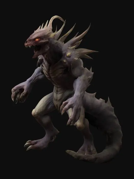 3D model for #game_figure# Terrifying monster inspired by Monster Hunter. Massive, armored body with jagged scales and glowing red eyes. Sharp claws, bone-like spikes, and a long segmented tail with venomous barbs. Mixture of reptilian and demonic features. Emits smoke or dark aura_
