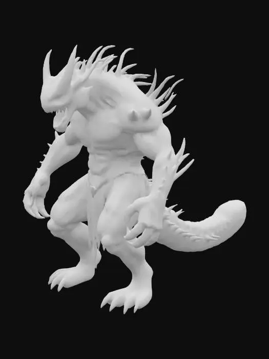 3D model for #game_figure# Terrifying monster inspired by Monster Hunter. Massive, armored body with jagged scales and glowing red eyes. Sharp claws, bone-like spikes, and a long segmented tail with venomous barbs. Mixture of reptilian and demonic features. Emits smoke or dark aura_
