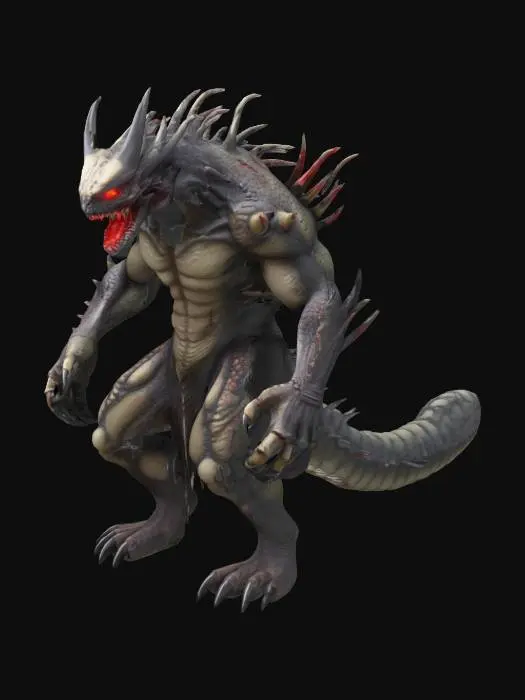 3D model for #game_figure# Terrifying monster inspired by Monster Hunter. Massive, armored body with jagged scales and glowing red eyes. Sharp claws, bone-like spikes, and a long segmented tail with venomous barbs. Mixture of reptilian and demonic features. Emits smoke or dark aura_

