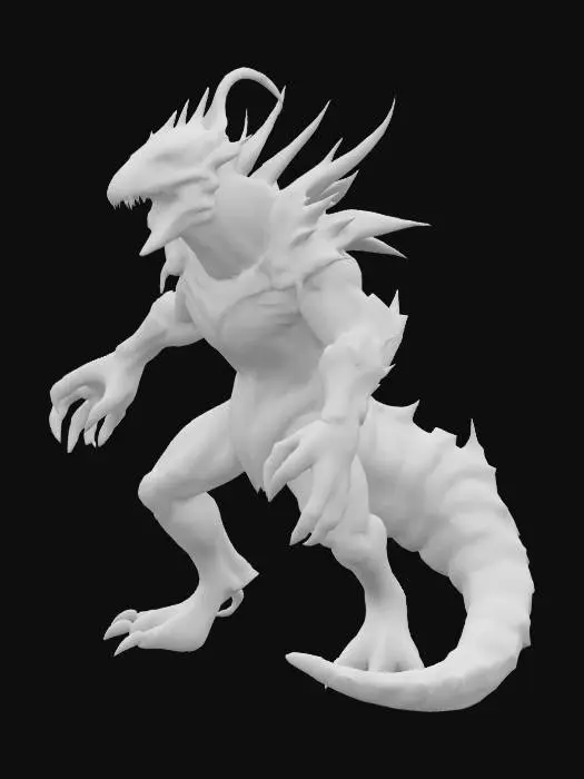 3D model for #game_figure# Terrifying monster inspired by Monster Hunter. Massive, armored body with jagged scales and glowing red eyes. Sharp claws, bone-like spikes, and a long segmented tail with venomous barbs. Mixture of reptilian and demonic features. Emits smoke or dark aura_
