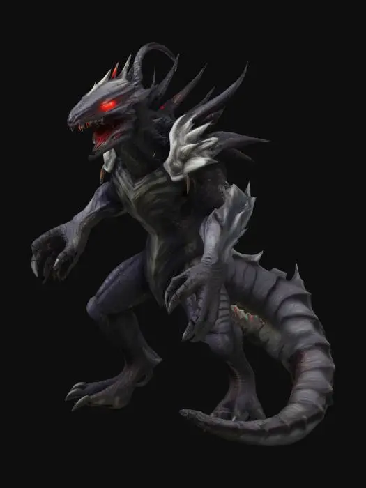 3D model for #game_figure# Terrifying monster inspired by Monster Hunter. Massive, armored body with jagged scales and glowing red eyes. Sharp claws, bone-like spikes, and a long segmented tail with venomous barbs. Mixture of reptilian and demonic features. Emits smoke or dark aura_
