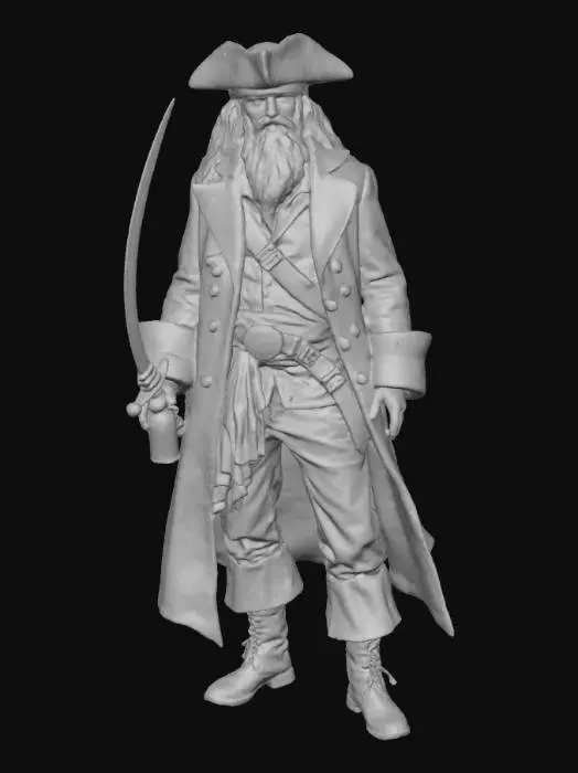 3D model for Erstelle einen Piraten mit Piratenhut. Langem Bart. Schulterlangen Haaren. Augenklappe. Linke Hand Säbel. Rechte Hand Flasche rum. Langer Mantel. Stiefel.