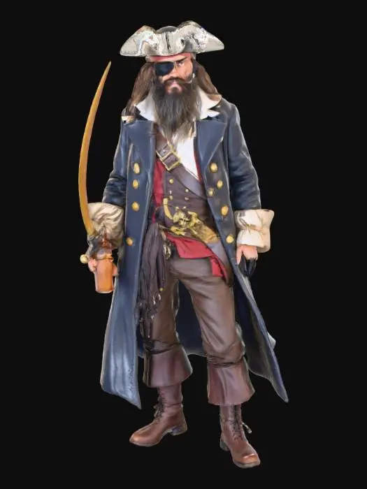 3D model for Erstelle einen Piraten mit Piratenhut. Langem Bart. Schulterlangen Haaren. Augenklappe. Linke Hand Säbel. Rechte Hand Flasche rum. Langer Mantel. Stiefel.
