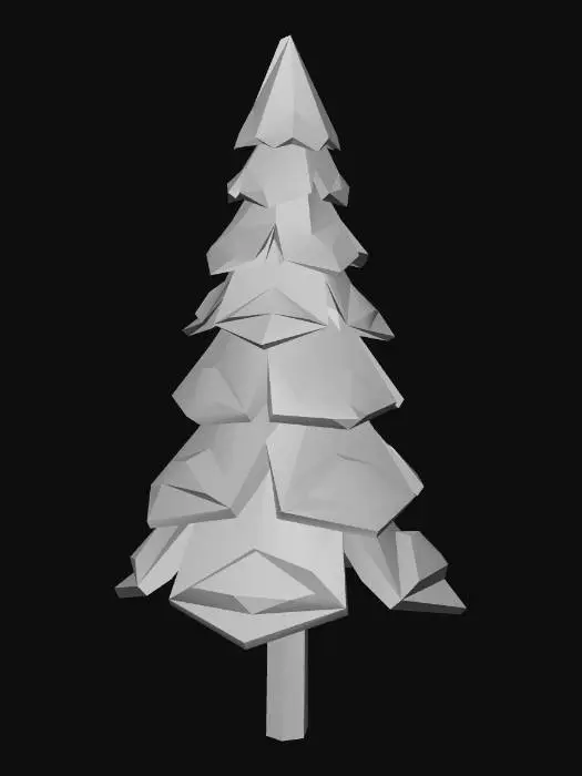 3D model for Low poly single snow-covered pine tree, white snow on dark green branches, 7 meters tall, game asset, isolated, no terrain