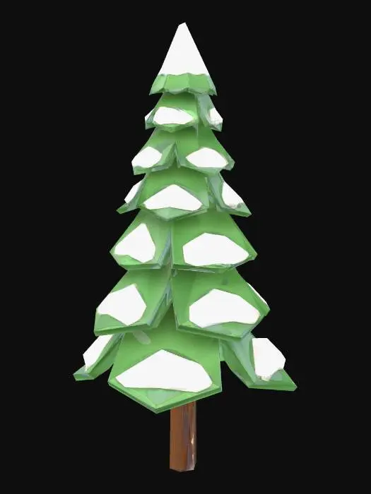 3D model for Low poly single snow-covered pine tree, white snow on dark green branches, 7 meters tall, game asset, isolated, no terrain