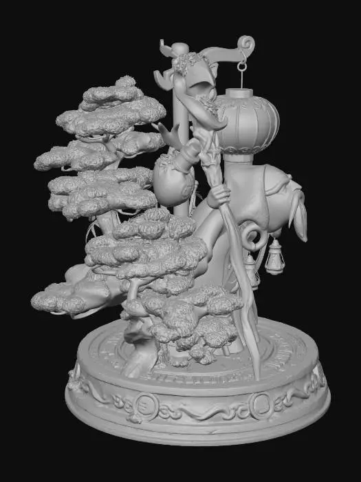 3D model for peut tu me faire une base chinois avec des arbre , et une lanterne chinois avec ce personage , merci