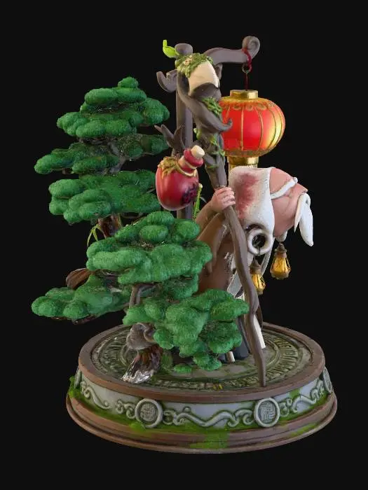 3D model for peut tu me faire une base chinois avec des arbre , et une lanterne chinois avec ce personage , merci