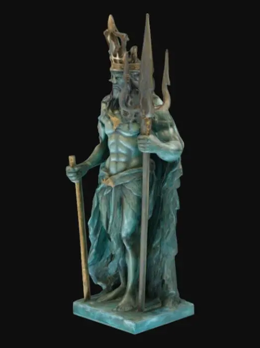 3D model for #sculpture#, Statue of King of the Seas from the Atlantis holding a trident, wearing crown, Full Body, Highly Detailed, Ultra Realistic,