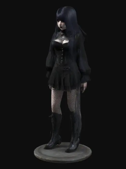 3D model for goth alternative girl , tall and long legged, thick thighs wears fishnet , gothic high boots , , beautiful face, small head, small round base. Highly detailed textures, beautiful Character design, Game Assets, very detailed, Highly Detailed, detailed face