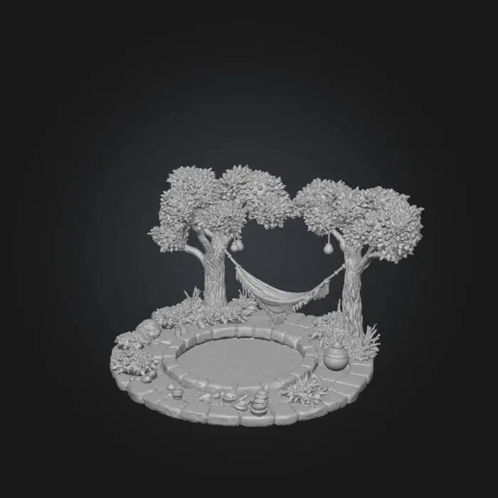 3D model for 3d isometric circular isolated fantasy elf environment, 3 trees , hanging led lights between the 3 trees , hanging triangular macrame hammock between 3 trees , cozy atmosphere at dusk , on the  grass under the trees there is an organic orange camping cloth with elven symbols, metal hot tub with hot water and shamanic herbs infused in it