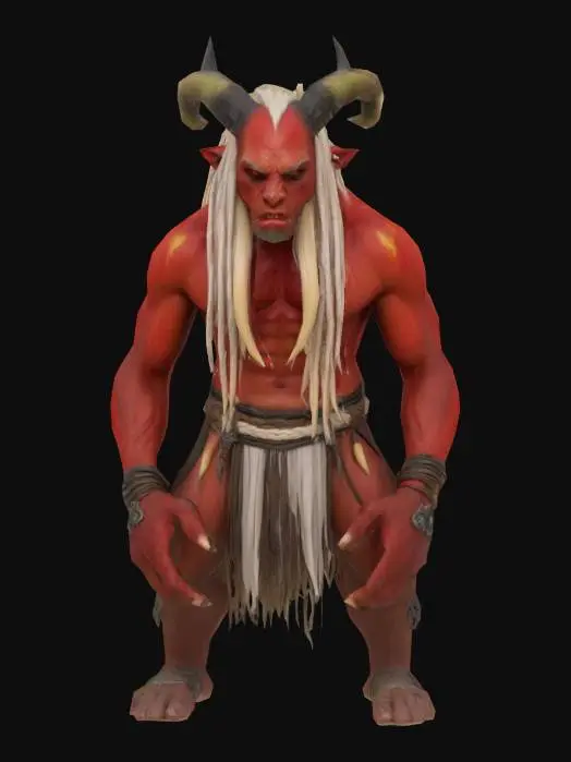 3D model for Give me a ugly warlock beast with a loincloth, he must muscular with an "A pose" and give him long white braided hair and red skin, and hog tusks