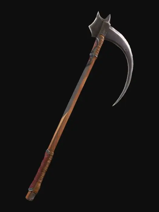 3D model for Create a basic battle scythe with wooden handle, and steel blade nothing special