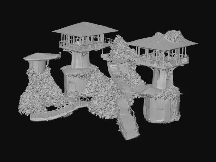3D model for Create a realistic 3D model of a zoo exhibit called “The Bearcat Canopy,” designed for a binturong. The environment should resemble a lush Southeast Asian rainforest with dense foliage, moss-covered rocks, and layered tree canopies. Include elevated bamboo platforms and rope bridges for climbing, shaded hammock zones for resting, and vertical tree trunks with textured bark for tail-assisted movement. Add a cozy nesting den with leaf bedding, interactive scent pods that release a buttery aroma, and solar-powered LED spotlights for evening ambiance. Surround the habitat with zoo-grade mesh railings and a winding 360° visitor path made of stone and mulch. Integrate educational signage about seed dispersal, strangler fig digestion, and palm oil threats.