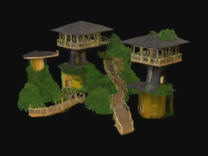 3D model for Create a realistic 3D model of a zoo exhibit called “The Bearcat Canopy,” designed for a binturong. The environment should resemble a lush Southeast Asian rainforest with dense foliage, moss-covered rocks, and layered tree canopies. Include elevated bamboo platforms and rope bridges for climbing, shaded hammock zones for resting, and vertical tree trunks with textured bark for tail-assisted movement. Add a cozy nesting den with leaf bedding, interactive scent pods that release a buttery aroma, and solar-powered LED spotlights for evening ambiance. Surround the habitat with zoo-grade mesh railings and a winding 360° visitor path made of stone and mulch. Integrate educational signage about seed dispersal, strangler fig digestion, and palm oil threats.
