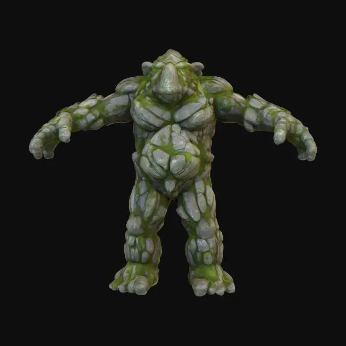 3D model for standing in a definitive T Pose a highly detailed and ultra realistic mountain troll from Norse mythology with large nose and he has moss and lichen growing on his body his skin is made of rocks and pebbles he is  standing in a T pose he has a thumb and three fingers on each hand which are splayed open for easier animation