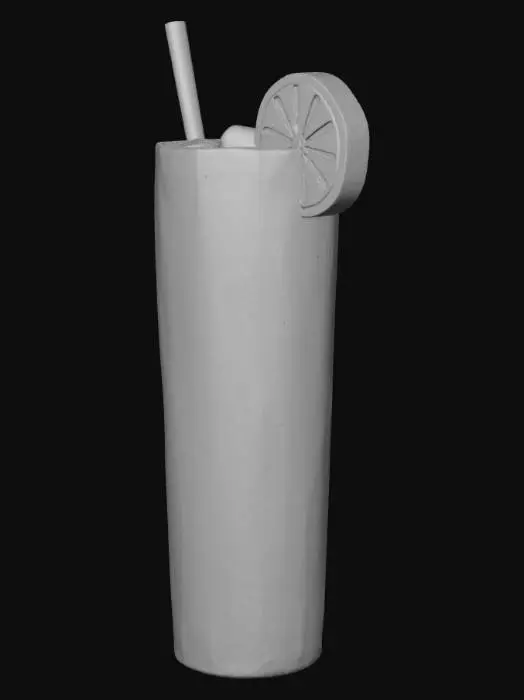 3D model for A detailed 3D model of a refreshing glass of lemonade filled with bright yellow liquid, with a clear transparent glass, a white-and-red striped straw, and a fresh lemon slice placed on the rim. The lemonade should look slightly glossy with ice cubes inside, realistic proportions, smooth textures, and vibrant lighting. The overall style should be semi-realistic and suitable for a casual simulation game