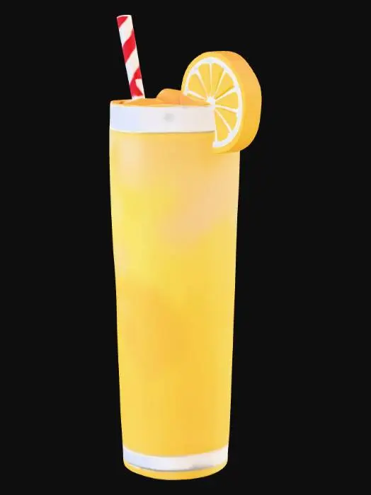 3D model for A detailed 3D model of a refreshing glass of lemonade filled with bright yellow liquid, with a clear transparent glass, a white-and-red striped straw, and a fresh lemon slice placed on the rim. The lemonade should look slightly glossy with ice cubes inside, realistic proportions, smooth textures, and vibrant lighting. The overall style should be semi-realistic and suitable for a casual simulation game
