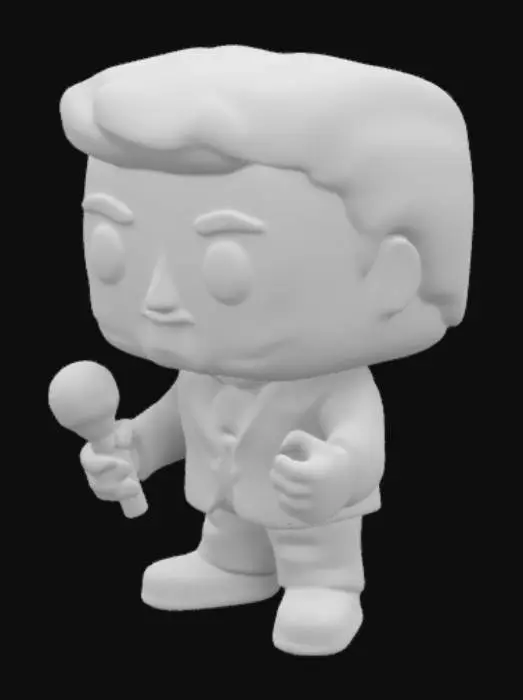3D model for "Create a Funko Pop figure of Donald Trump, featuring his iconic blonde, swept-back hair and a confident smirk. He wears a dark blue suit with a white shirt and a red tie. holds a golden microphone in one hand,. The background setting is plain in the Funko Pop style
