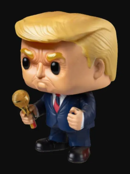 3D model for "Create a Funko Pop figure of Donald Trump, featuring his iconic blonde, swept-back hair and a confident smirk. He wears a dark blue suit with a white shirt and a red tie. holds a golden microphone in one hand,. The background setting is plain in the Funko Pop style