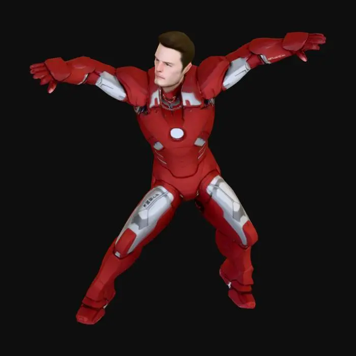 3D model for A full-body 3D character reference photograph (A-Pose) of Elon Musk standing perfectly symmetrical facing forward. His arms are extended slightly outwards at roughly 45 degrees from his body, and legs are slightly apart, ensuring limbs are clearly separated from the torso. He is wearing a custom Iron Man suit inspired by Tesla design, made of brushed matte red and silver metal plates (not highly reflective). A 'TESLA' logo is on the thigh, and 'SPACEX' logo is on the upper arm. He is NOT holding a helmet; hands are empty and relaxed. Neutral solid grey studio background. Even, flat lighting to clearly show geometry and contours. --ar 2:3 --no polished metal, holding object, heavy shadow