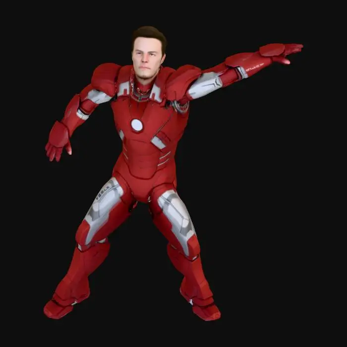3D model for A full-body 3D character reference photograph (A-Pose) of Elon Musk standing perfectly symmetrical facing forward. His arms are extended slightly outwards at roughly 45 degrees from his body, and legs are slightly apart, ensuring limbs are clearly separated from the torso. He is wearing a custom Iron Man suit inspired by Tesla design, made of brushed matte red and silver metal plates (not highly reflective). A 'TESLA' logo is on the thigh, and 'SPACEX' logo is on the upper arm. He is NOT holding a helmet; hands are empty and relaxed. Neutral solid grey studio background. Even, flat lighting to clearly show geometry and contours. --ar 2:3 --no polished metal, holding object, heavy shadow