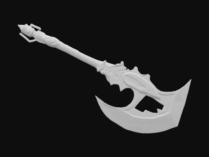 3D model for A massive battle axe with mechanical enhancements and plasma-charged edges. Axe head is large and angular, crafted from a mixture of dark, weathered steel and glowing, plasma-infused materials. Blade’s edges shimmer with blue plasma arcs that enhance its cutting power. Handle is reinforced with futuristic alloys, giving it a sleek, metallic look, and features small, embedded chrono-crystals that pulse with energy. Overall shape is bold with a heavy, wide axe head and a sturdy #ChronoForgeWeapon#