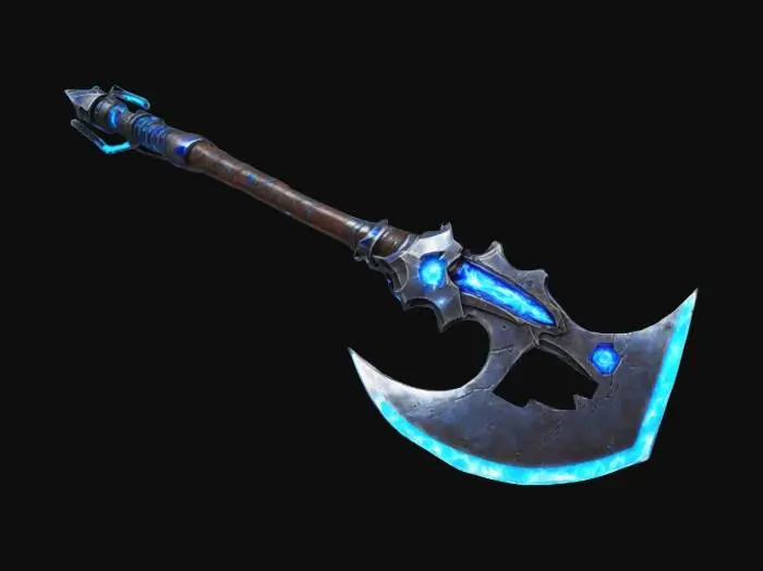 3D model for A massive battle axe with mechanical enhancements and plasma-charged edges. Axe head is large and angular, crafted from a mixture of dark, weathered steel and glowing, plasma-infused materials. Blade’s edges shimmer with blue plasma arcs that enhance its cutting power. Handle is reinforced with futuristic alloys, giving it a sleek, metallic look, and features small, embedded chrono-crystals that pulse with energy. Overall shape is bold with a heavy, wide axe head and a sturdy #ChronoForgeWeapon#