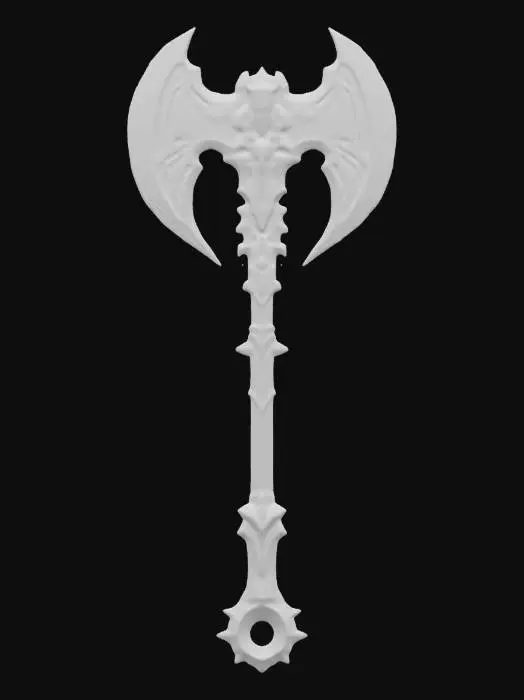 3D model for A massive battle axe with mechanical enhancements and plasma-charged edges. Axe head is large and angular, crafted from a mixture of dark, weathered steel and glowing, plasma-infused materials. Blade’s edges shimmer with blue plasma arcs that enhance its cutting power. Handle is reinforced with futuristic alloys, giving it a sleek, metallic look, and features small, embedded chrono-crystals that pulse with energy. Overall shape is bold with a heavy, wide axe head and a sturdy #ChronoForgeWeapon#