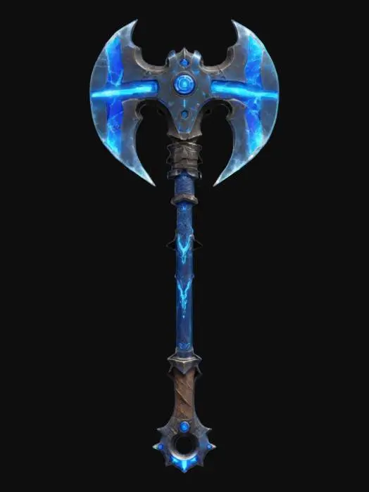 3D model for A massive battle axe with mechanical enhancements and plasma-charged edges. Axe head is large and angular, crafted from a mixture of dark, weathered steel and glowing, plasma-infused materials. Blade’s edges shimmer with blue plasma arcs that enhance its cutting power. Handle is reinforced with futuristic alloys, giving it a sleek, metallic look, and features small, embedded chrono-crystals that pulse with energy. Overall shape is bold with a heavy, wide axe head and a sturdy #ChronoForgeWeapon#