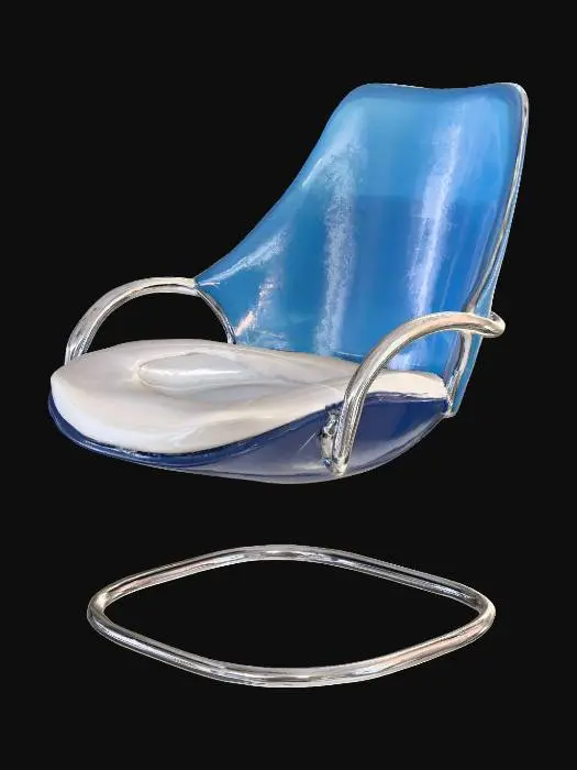 3D model for 미래지향적인 의자, 등받이는 청색 계열의 유리 질감으로, 쿠션은 흰색, 켄틸레버 디자인의 프레임은 크롬으로 맵핑해줘.