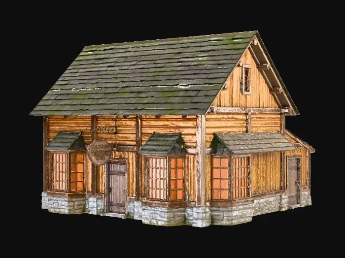 3D model for A large two-story tavern, full exterior front/3/4 view, east and south-facing doors, large bay windows on the south side, stone foundation with weathered gray blocks, wooden plank siding, pitched slate roof, hanging wooden tavern sign, realistic 3D render style, soft diffuse warm lighting, simple gradient sky background.